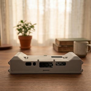 May include: A light gray rectangular plastic enclosure featuring a series of cutouts and ports along its front edge, including a large central opening with internal grid-like structures and smaller circular and rectangular ports on the sides.