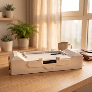 May include: A rectangular white plastic case with a hinged lid and a central latch mechanism. The exterior features a smooth finish with visible ventilation grilles on the top surface and small circular screw details along the side edges.