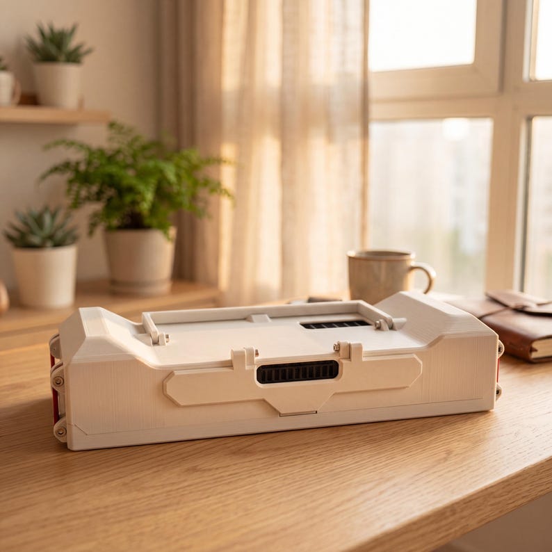May include: A rectangular white plastic case with a hinged lid and a central latch mechanism. The exterior features a smooth finish with visible ventilation grilles on the top surface and small circular screw details along the side edges.
