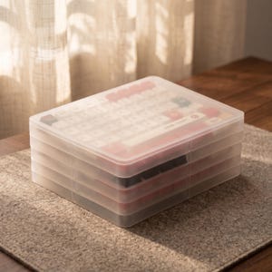 Puede incluir: Una caja de almacenamiento rectangular de plástico semitransparente que contiene una colección de teclas para teclado mecánico. La caja está apilada en cuatro capas, revelando teclas blancas, rojas y negras con caracteres impresos visibles a través de la tapa esmerilada.