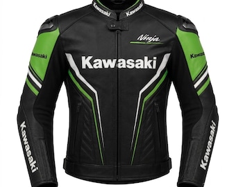 Handmade Kawasaki Inspired Black Green Motorcycle Leather Jacket, Ninja Style Biker Racing Outwear, Gift For Kawasaki Fan