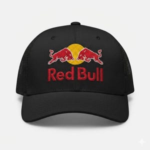 Handmade Red Bull Inspired Black Trucker Cap, Embroidered Racing Fan Hat, Adjustable Mesh Snapback Cap, Motorsport Gift for Men and Women