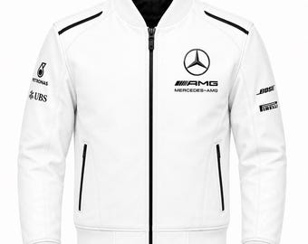 Handmade Mercedes AMG White Leather Bomber Jacket Motorsport Racing fan Gift for Mercedes Fans