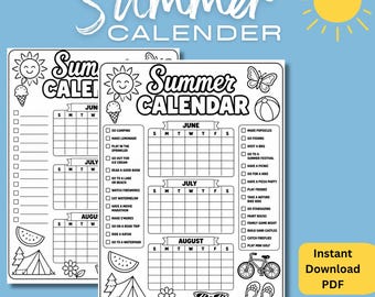 Calendário de Verão para Imprimir, Página para Colorir Infantil, Planejador de Junho, Julho e Agosto, Lista de Atividades de Verão, Calendário para Preencher, Download Instantâneo