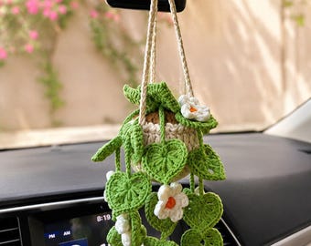 Crochet Potted Plant Car Mirror Hanging Charm, Handmade Rearview Mirror Decor, Boho Car Accessory, Cute Daisy Car Ornaments, Gift For Women