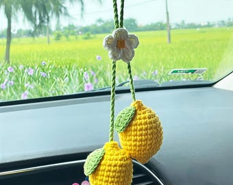 Crochet Lemon Car Hanging, Lemon Rear View Mirror Charm, Handmade Citrus Car Accessory Cute Lemon Ornament, Lemon Keychain Gift For Her