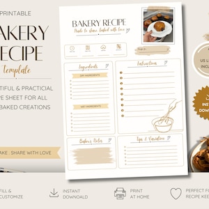 Peut inclure: Une fiche modèle de recette de boulangerie imprimable avec des sections pour les ingrédients, les instructions, les notes du boulanger et des conseils. Le document inclut un espace photo, une illustration de fouet et le texte BAKERY RECIPE.