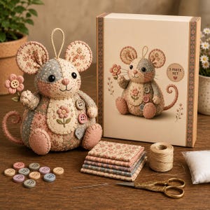 May include: A fabric mouse craft kit featuring a plush mouse with floral patchwork patterns, a hanging loop, and button accents. The set includes a box with a mouse illustration labeled 1-PIECE SET, fabric squares, a spool of twine, and scissors.