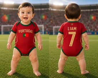 Body de bebé de fútbol de Portugal personalizado, body de bebé de fútbol con nombre y número 10 personalizados, regalo para baby shower de un aficionado de Portugal