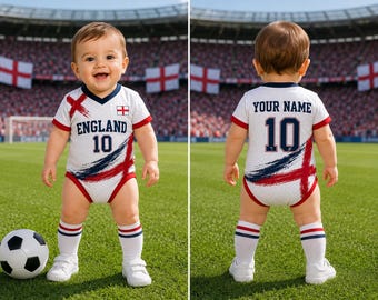 Personalized England Baby Soccer Onesie, Custom Name Number English Football Bodysuit, Baby Shower Fan Gift