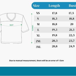 May include: A size chart for a t-shirt featuring a line drawing of a shirt with labeled length and bust measurements. The table lists sizes XS through 3XL with corresponding numerical values in inches. A note states a manual measurement error of 1-3cm.