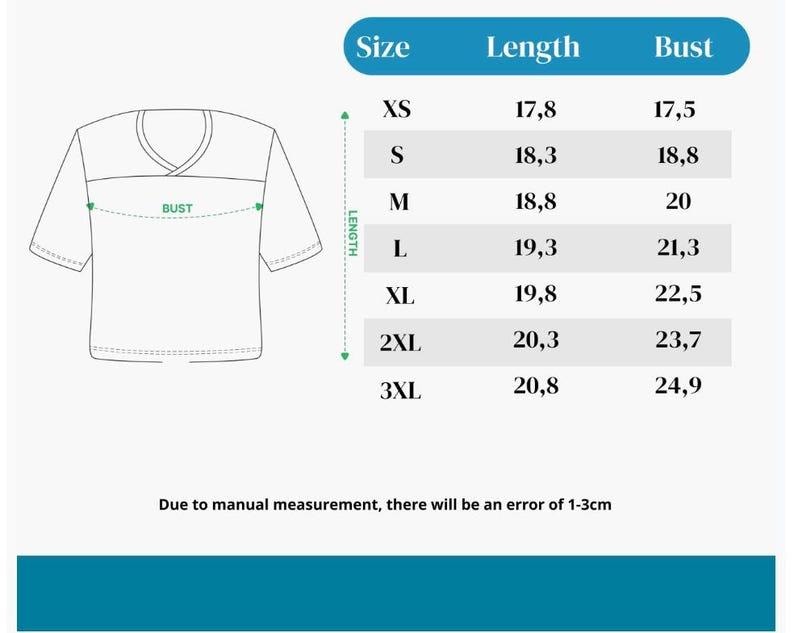 May include: A size chart for a t-shirt featuring a line drawing of a shirt with labeled length and bust measurements. The table lists sizes XS through 3XL with corresponding numerical values in inches. A note states a manual measurement error of 1-3cm.