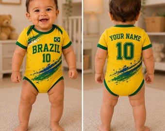 Personalized Brazil Baby Soccer Onesie, Custom Name Number Bodysuit, Brazil Football Baby Outfit, Fan Gift for Kids