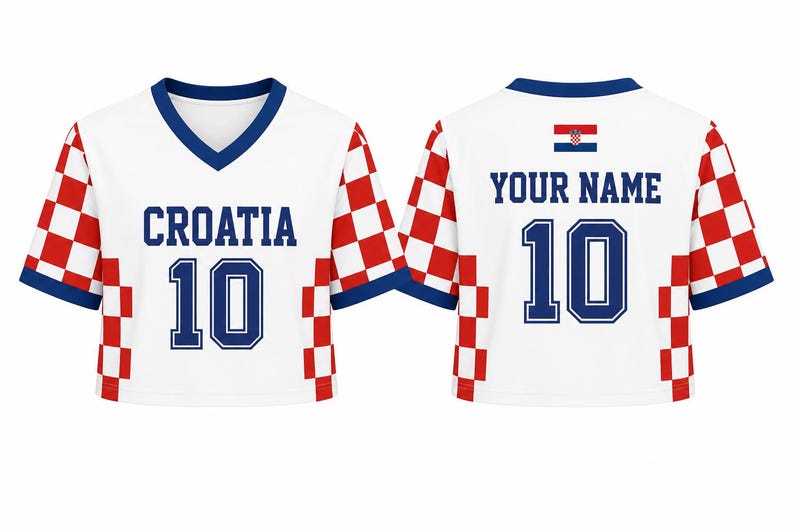 May include: A white V-neck crop top jersey with red and white checkered sleeves and side panels. The front features the blue text CROATIA and the number 10. The back displays the text YOUR NAME, the number 10, and a small Croatian flag.