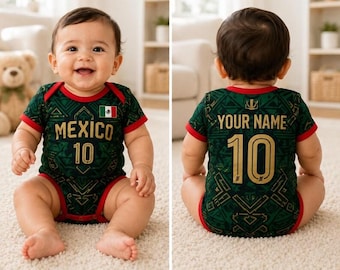 Personalized Mexico Baby Soccer Onesie, Custom Name Number Football Bodysuit, Mexican Fan Baby Shower Gift