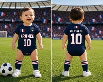 Personalized France Baby Soccer Onesie, Custom Name Number Football Bodysuit, France Fan Baby Outfit, Newborn Gift
