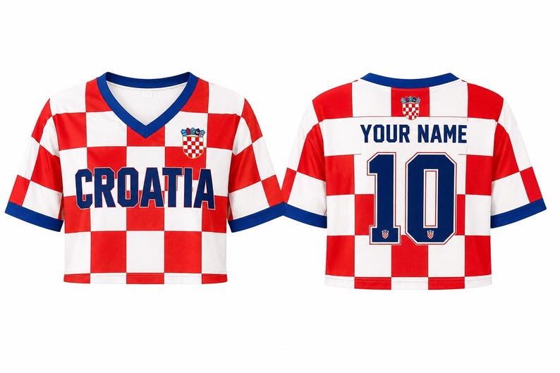 May include: A cropped V-neck jersey featuring a red and white checkered pattern with blue trim. The front displays the text CROATIA and a small crest. The back shows the text YOUR NAME above the number 10, with a small crest above the name.