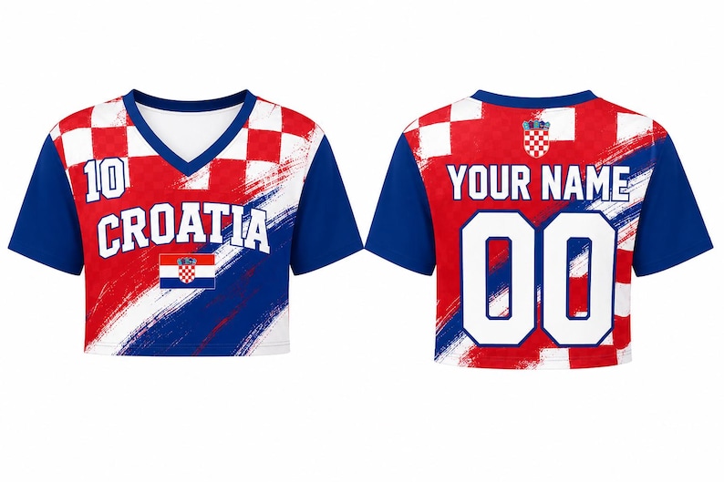 May include: A short-sleeved crop top jersey featuring the red and white Croatian checkerboard pattern, blue sleeves, and a V-neck. The front displays the text CROATIA, the number 10, and a flag. The back shows the text YOUR NAME and the number 00.