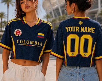 Personalized Colombia Crop Top Jersey, Custom Name Number Colombia Soccer Shirt, Football Fan Gift for Women