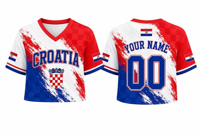 May include: A V-neck crop top jersey featuring a red, white, and blue color scheme with a checkerboard pattern. The front displays the text CROATIA and the national coat of arms. The back shows the text YOUR NAME and the number 00.