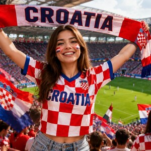 May include: A red and white checkered sports scarf with the word CROATIA printed in blue letters, held above a red and white checkered jersey featuring the word CROATIA in blue across the chest and a small Croatian coat of arms emblem.