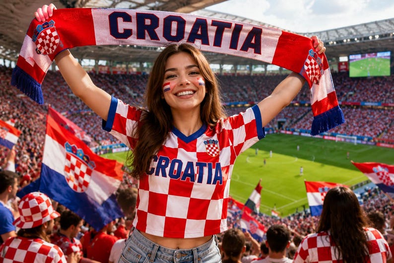 May include: A red and white checkered sports scarf with the word CROATIA printed in blue letters, held above a red and white checkered jersey featuring the word CROATIA in blue across the chest and a small Croatian coat of arms emblem.