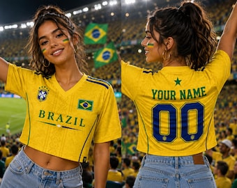 Personalized Brazil Crop Top Jersey, Custom Name Number Brazil Soccer Shirt, Football Fan Gift for Women