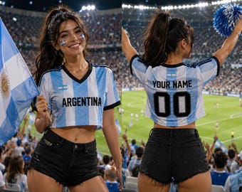 Camiseta corta personalizada de Argentina, camiseta de fútbol de Argentina con nombre y número personalizados, regalo para aficionadas al fútbol para mujeres.
