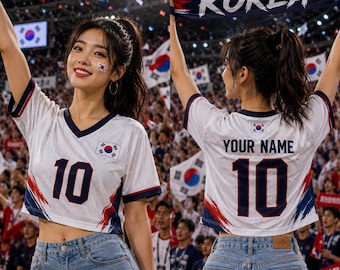 Personalized Korea Crop Top Jersey, Custom Name Number South Korea Soccer Shirt, Football Fan Gift for Women