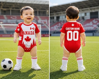 Personalized Canada Baby Soccer Onesie, Custom Name Number Canadian Football Bodysuit, Baby Shower Fan Gift