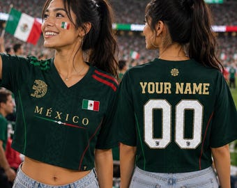 Personalized Mexico Crop Top Jersey, Custom Name Number Mexico Soccer Shirt, Mexican Football Fan Gift for Women