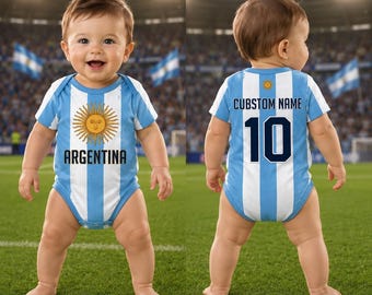 Body personalizado de fútbol de Argentina para bebé, body de bebé con nombre y número 10 personalizados, regalo para baby shower de un aficionado argentino.