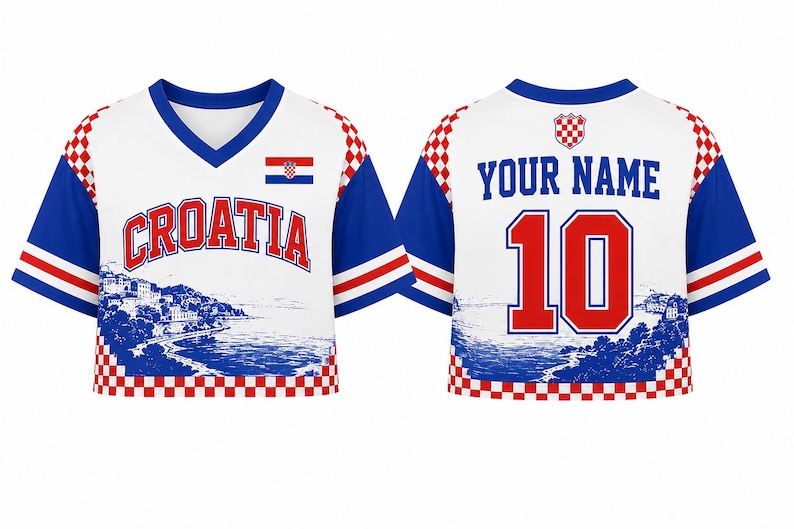 May include: A white V-neck jersey with blue sleeves and a red and white checkered pattern. The front features the text CROATIA, a small Croatian flag, and a blue coastal landscape graphic. The back displays the text YOUR NAME and the number 10.