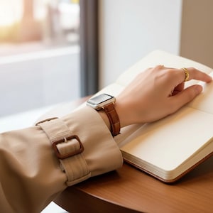 Op de afbeelding: Een smartwatch met een bruine leren band met krokodillenstructuur en een zilveren behuizing, gedragen om een pols met een beige mouw met een gesp. Een gouden ring zit om de vinger en een open notitieboek met witte pagina's ligt ernaast.