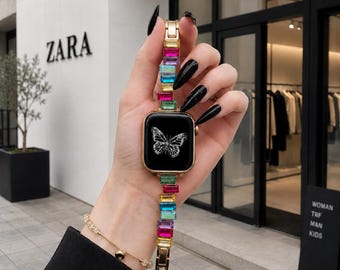 Gemstone Link-smartwatchband, kleurrijke kristallen metalen band voor Apple Watch