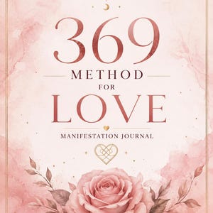 Peut inclure: Une couverture de journal de manifestation rose pâle avec le texte 369 METHOD FOR LOVE MANIFESTATION JOURNAL et ATTRACT RECEIVE APPRECIATE. Le design présente une grande illustration de rose, des lignes dorées et des symboles célestes sur un fond aquarelle.