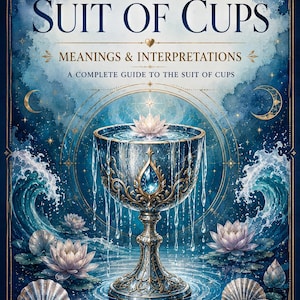 May include: A book cover titled Tarot Suit of Cups Meanings & Interpretations A Complete Guide to the Suit of Cups. The illustration features an ornate blue chalice overflowing with water, surrounded by lotus flowers, seashells, and waves.