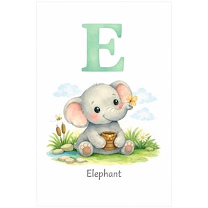 May include: A wall art print featuring a large mint green letter E at the top and the word Elephant at the bottom. A gray baby elephant sits in a grassy field holding a brown honey pot, with a small yellow butterfly on its trunk and a bee nearby.
