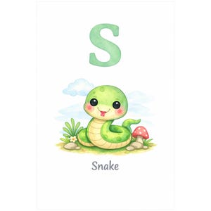 May include: A wall art print featuring a large green letter S at the top and the word Snake in gray text at the bottom. In the center, a cartoon green snake with pink cheeks and a small tongue sits on a patch of grass with a red mushroom.