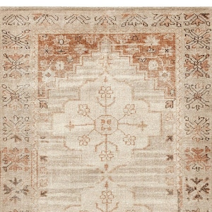 Vintage Terracotta Wool Rug - Hand Knotted Traditional Double Medallion Area Rug, Muted Beige and Ivory Carpet,