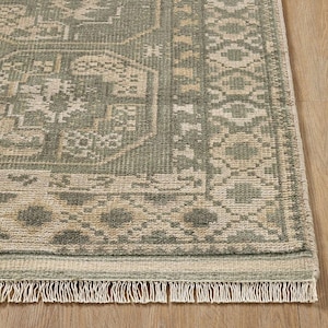 Muted Sage Green Wool Rug - Hand Knotted Turkmen Geometric Area Rug, Vintage Style Cream and Olive Carpet,