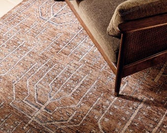 Tree of Life Wool Rug - Hand Knotted Minimalist Rust Area Rug, Terracotta Geometric Tree Carpet,