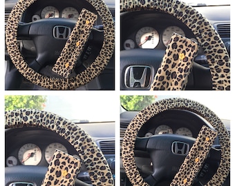 Leopard print cotton fabric Steering wheel cover and seatbelt cover, 100% COTTON with FULL grip liner