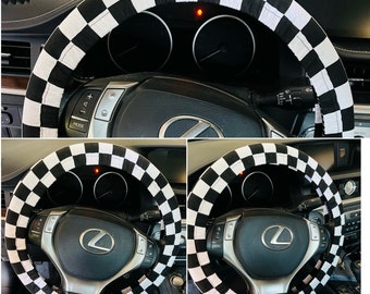 White and black cotton fabric steering wheel cover