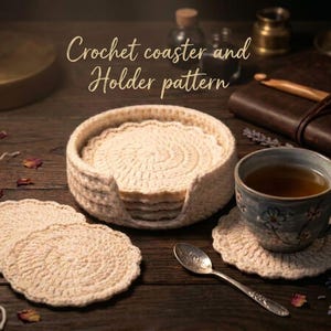 May include: A set of round, cream-colored crochet coasters and a matching circular holder. The text "Crochet coaster and Holder pattern" is visible in the center. The coasters feature a spiral stitch design with scalloped edges.