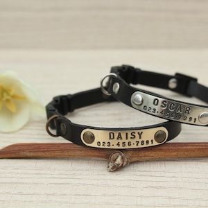 May include: Two black leather collars with metal nameplates. One plate is silver-toned with the name OSCAR and the number 023-456-7891. The other plate is gold-toned with the name DAISY and the number 023-456-7891. Both feature metal rivets and rings.