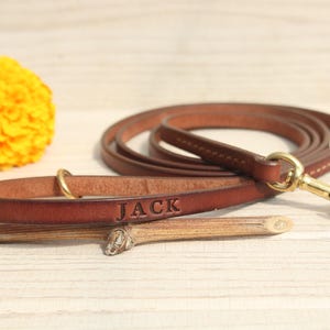May include: A brown leather dog lead featuring a gold-toned metal swivel snap hook and a metal ring. The leather strap is embossed with the name JACK in capital letters. The lead is coiled and includes visible stitching along the edges.