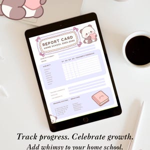 May include: A digital tablet displaying a printable report card template for home school 2025-2026. The document features a light purple color scheme, a cute panda illustration holding a heart, subject lists, a grading system, and space for teacher feedback.