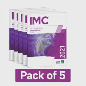May include: A pack of five 2021 International Mechanical Code books. Each white book features the purple text IMC, International Mechanical Code, and 2021, along with a graphic of a globe on a purple background. The set is presented as a stack.