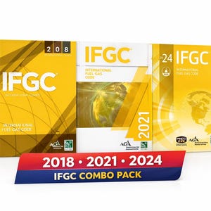 May include: Three International Fuel Gas Code books featuring yellow and white covers with the text IFGC 2018, 2021, and 2024. A red and blue banner in front displays the text 2018, 2021, 2024 and IFGC COMBO PACK in white and yellow lettering.